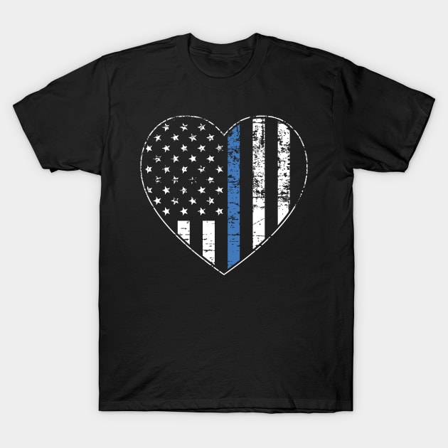 Thin Blue Line Distressed American Flag Heart T-Shirt by YouthfulGeezer